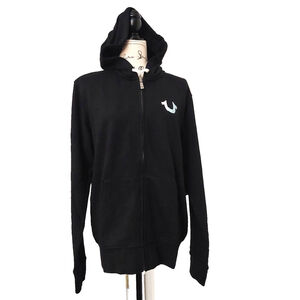 True Religion Brand Jeans Western Splice Zip Up Hoodie Sweatshirt Black Sz L NWT